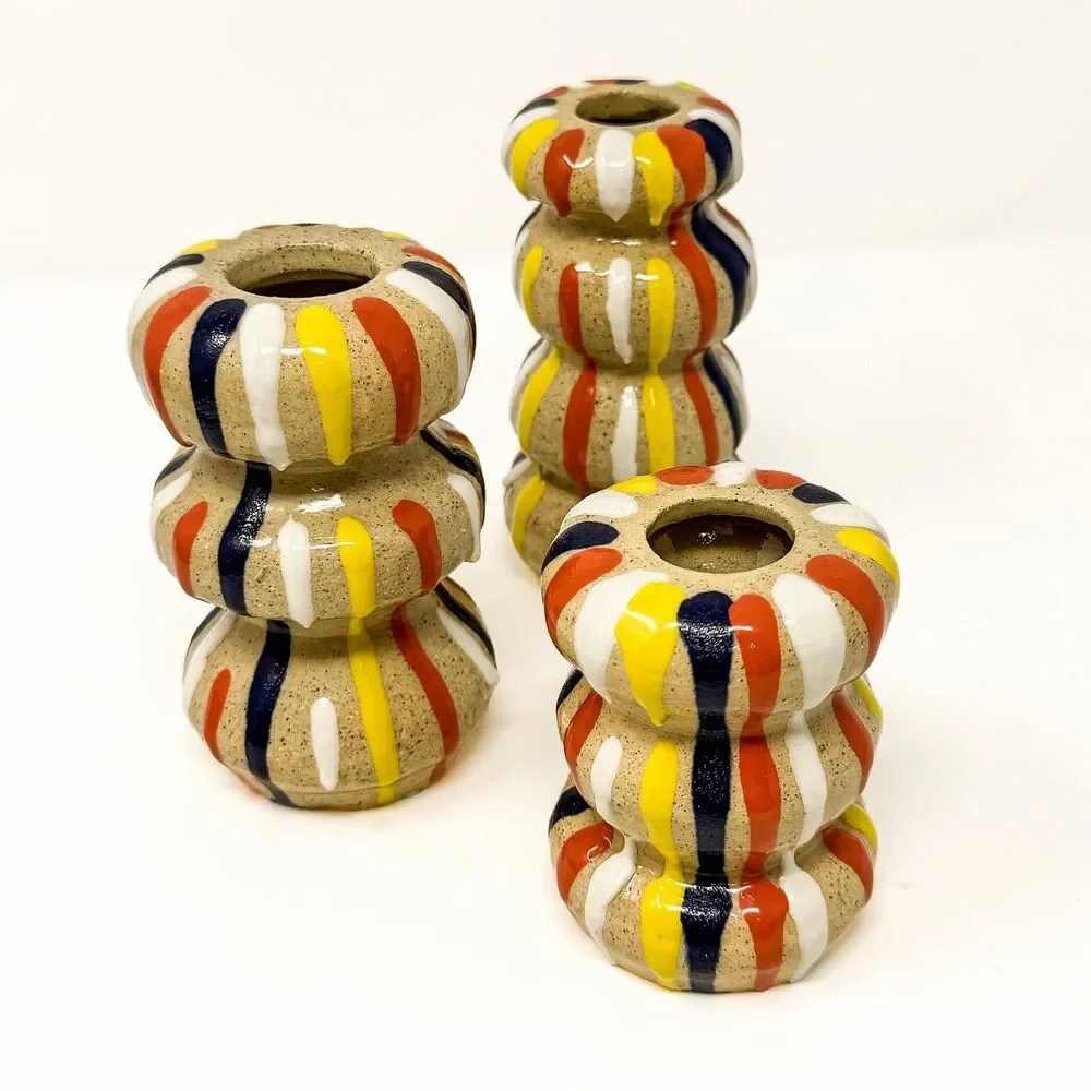 Vintage Postmodern Memphis Ceramic Vase Candle Holders Set 3 Striped Pottery